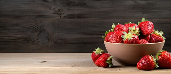 Poster - Fresh red strawberries in a beige bowl on a rustic wooden table with ample negative space on the right for copy placement or design.