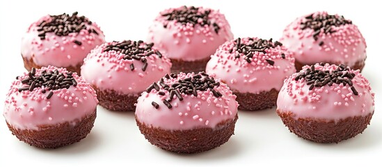Poster - Pink frosted donuts with chocolate sprinkles arranged in two rows on a white background highlighting their round shape and colorful toppings