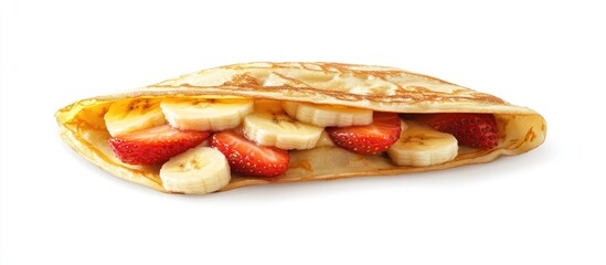 Poster - Delicious crepe filled with fresh banana slices and strawberries on a bright white background showcasing the vibrant colors and textures of the fruit