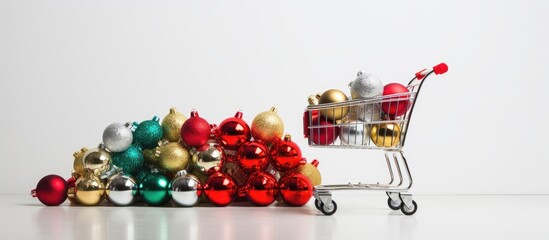 Aufkleber - Colorful Christmas ornaments in red gold and green piled beside a shopping cart filled with shiny ornaments on a white background.
