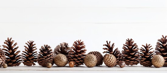 Poster - Festive arrangement of brown pine cones and ornaments on a white wooden background with ample copy space for holiday-themed text or designs.
