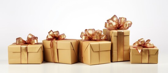 Aufkleber - Festive arrangement of golden Christmas gift boxes with shimmering ribbons on a white background creating ample copy space for text or images