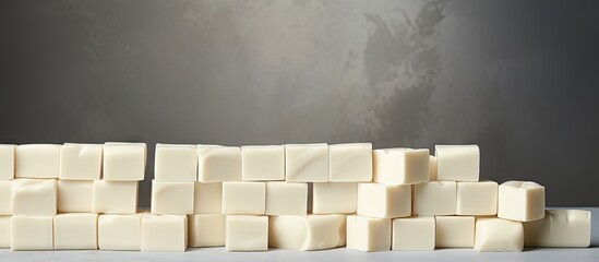 Poster - White chocolate bars arranged in a neat line on a gray textured background with soft shadows highlighting their creamy hues and rectangular shapes.