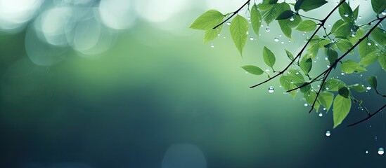 Aufkleber - Blurry green foliage with raindrops on the left, soft bokeh background with varying shades of green creating a serene and artistic atmosphere.