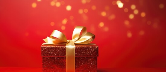 Poster - Elegant red gift box with golden ribbon centered on a vibrant red background adorned with soft bokeh lights ideal for celebrations and festivities