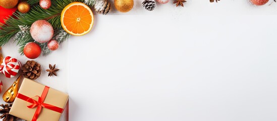 Poster - Christmas-themed flat lay with golden ornaments, fir branches, orange slices, and a gift box wrapped in red ribbon on a blank white background.