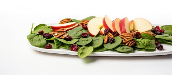 Poster - Fresh spinach salad with sliced red apple, pecans, and dried cranberries on a long white platter, featuring vibrant green and red colors against a bright background.