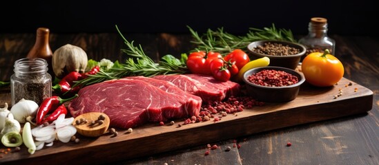 Aufkleber - Fresh raw beef steak on a wooden cutting board surrounded by green herbs, garlic, tomatoes, spices in bowls, creating a vibrant culinary display.