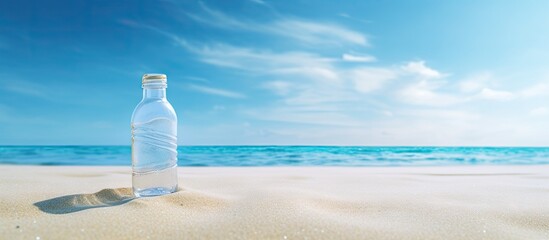Aufkleber - Plastic bottle resting on sandy beach with ocean waves in background under bright blue sky creating tranquil and empty copy space.