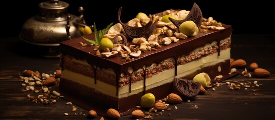 Poster - Luxurious Mozart cake featuring layers of chocolate and pistachio nuts arranged on a dark wooden table with almonds scattered around.