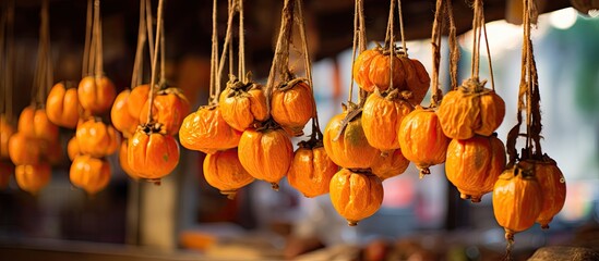 Poster - Vibrant orange dried persimmons suspended on twine in a rustic market setting with blurred background creating warm, inviting atmosphere