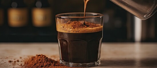 Poster - Rich dark espresso being poured into a clear glass with a frothy top, coffee grounds scattered on a rustic surface, warm brown tones dominate the scene.