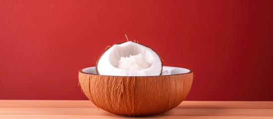 Poster - Organic coconut pulp in a rustic brown bowl on a vibrant reddish background with ample copy space for text and branding elements.