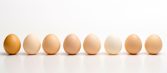Aufkleber - Assorted chicken eggs in varying shades of beige arranged in a straight line on a white surface with a minimalistic background for copy space.