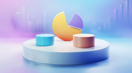 Poster - Modern 3D pie chart and cylindrical graphs on circular platform, showcasing data visualization in vibrant, colorful setting