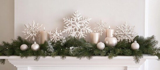 Aufkleber - Snowflakes and candles elegantly arranged on a white mantel, surrounded by green pine garlands and silver ornaments, embodying winter beauty.