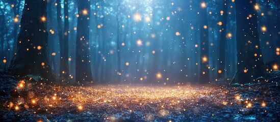 Aufkleber - Magical night forest scene with blue hues and sparkling golden lights suspended in air, creating an enchanting atmosphere of wonder and charm.