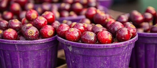 Poster - Vibrant arrangement of freshly harvested jujuberries in purple containers with rich red hues and natural textures displayed attractively in a market setting