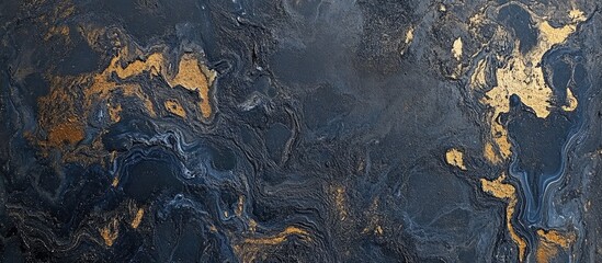 Fototapete - Elegant fluid art painting showcasing a rich marbling of deep black, blue, and shimmering gold tones swirling together harmoniously.