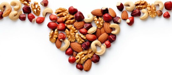 Poster - Mixed nuts arranged in a heart shape centered on a white background with ample copy space for text or other images showcasing natural textures