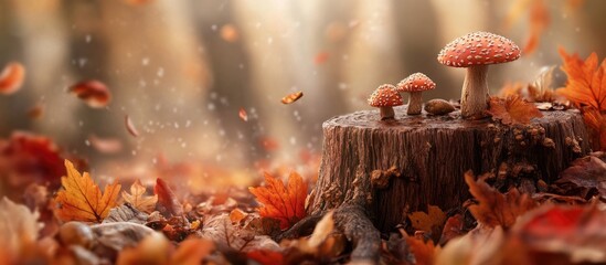 Poster - Vibrant autumn forest scene featuring orange and yellow fallen leaves with mushrooms growing on a tree stump illuminated by soft sunlight.