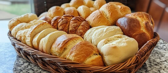 Aufkleber - Assorted freshly baked breads in a woven basket arranged on a marble countertop warm golden browns and soft whites inviting for sharing