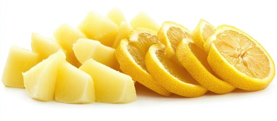 Poster - Bright yellow lemon slices alongside diced lemon segments on a white background highlighting vibrant textures and fresh tropical fruit appeal
