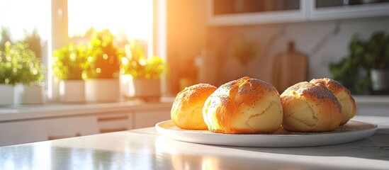 Aufkleber - Golden brown sweet buns with poppy seeds on a white plate, placed on a bright kitchen counter near lush green plants and soft sunlight.