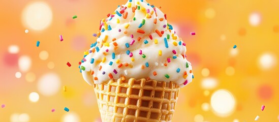 Aufkleber - Vanilla ice cream in a waffle cone topped with colorful sprinkles against a warm orange background with soft bokeh lights creating a summer feel