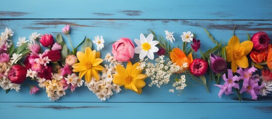 Poster - Colorful array of garden flowers in vibrant pink, yellow, purple, and white over a serene blue wooden table background with ample copy space.