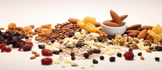 Poster - Healthy snack assortment featuring various nuts, seeds, dried fruits, and grains on a textured white background with dark accents and natural colors.
