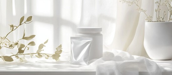 Aufkleber - Elegant white jar and foil sachet on a soft white surface illuminated by natural light, complemented by subtle greenery, conveying simplicity and elegance.