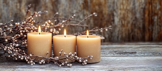 Aufkleber - Warm rustic candle arrangement featuring three lit beige candles on a weathered wooden surface surrounded by delicate white floral accents