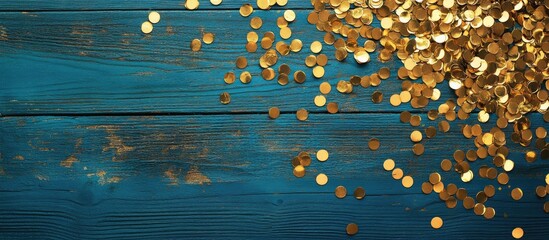 Aufkleber - Gold sequins scattered on a vibrant blue wooden surface creating a festive holiday theme ideal for creative celebrations and seasonal decorations
