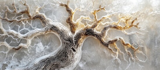 Poster - Frosted glass artwork showcasing an intricately textured tree trunk design in shades of gray and white with golden accents on a light background