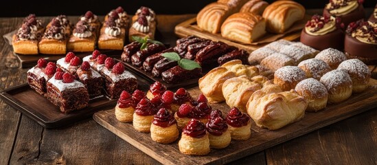Aufkleber - Assorted gourmet pastries and chocolate desserts arranged on rustic wooden boards with warm tones emphasizing texture and variety in baked goods