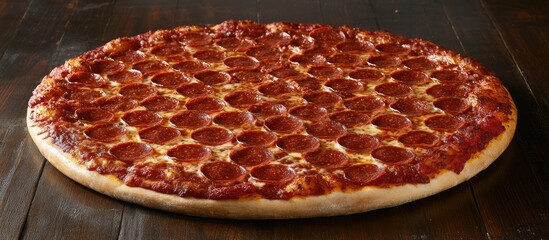Poster - appetizing pepperoni pizza on a dark wooden table with a circular view showcasing numerous pepperoni slices against golden crust and red sauce