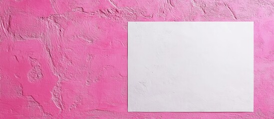 Wall Mural - Empty white poster positioned on the left side against a textured pink wall, ideal for showcasing creative designs and artistic expressions.