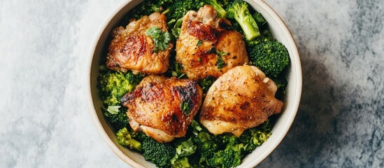 Poster - Healthy food bowl with golden stir-fried chicken thighs atop vibrant green broccoli on a textured gray background emphasizing wellness benefits