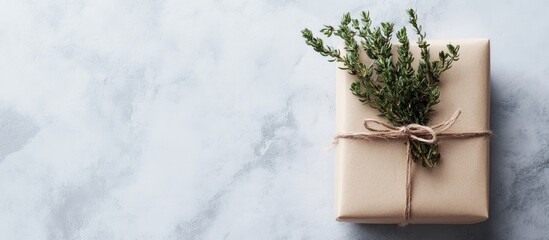 Poster - Minimalist gift box wrapped in natural paper with twine on a light gray background featuring fresh herbs on top from a top view perspective.