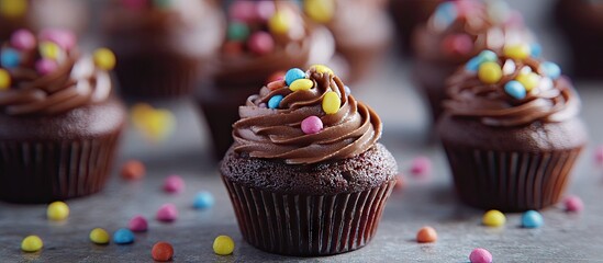 Leinwandbilder - Mini chocolate cupcakes with swirls of rich chocolate frosting, adorned with colorful sprinkles, arranged in a blurred background for a festive touch.