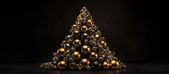 Poster - Elegant arrangement of shiny gold and black Christmas ornaments forming a pyramid shape against a dark background. Decorative festive concept.