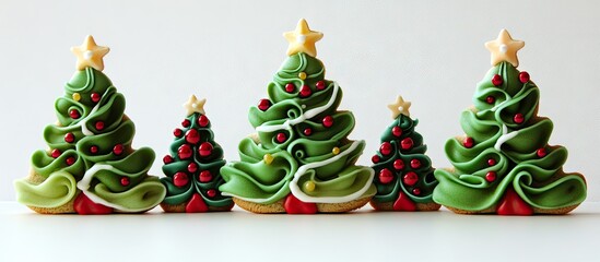 Poster - Colorful Christmas tree-shaped cookies featuring green foliage red ornaments and golden stars arranged in a delightful holiday display on a white background