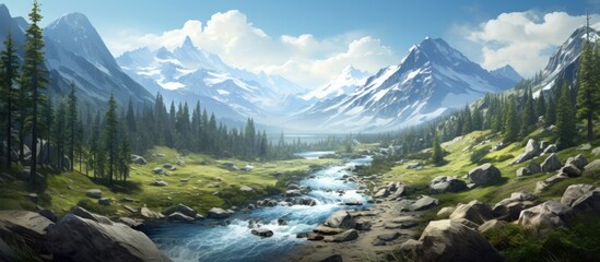Poster - Aerial view of a serene mountain river winding through lush green forests under a clear blue sky with snow-capped peaks in the background.