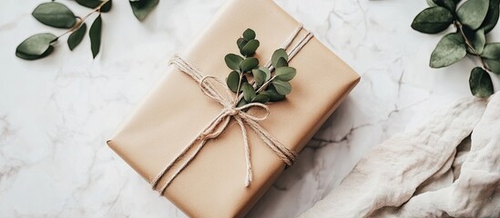 Poster - Elegant beige gift box adorned with twine and greenery positioned centrally on a light marble background highlighting simplicity and sophistication.