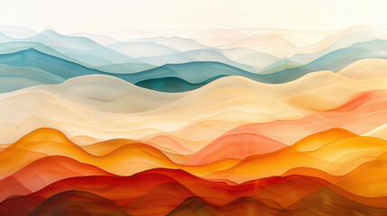 Wall Mural - Abstract landscape with flowing waves in warm colors of orange, red, and blue, creating serene and calming atmosphere. soft gradients evoke sense of tranquility