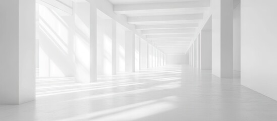 Leinwandbilder - Bright empty interior with white walls and floor, long shadows cast by sunlight, creating a serene and minimalistic space for creative use.