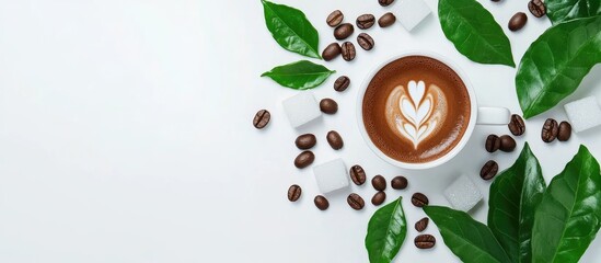 Aufkleber - Coffee cup with latte art surrounded by fresh green leaves coffee beans and sugar cubes on a white background creating a cozy atmosphere.