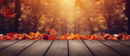 Poster - Warm golden light illuminating a rustic wooden surface with vibrant autumn leaves in shades of orange and red in a serene park setting.