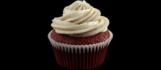 Poster - Red velvet cupcake with creamy white frosting on top showcasing rich red color high detail against a black background perfect for special occasions